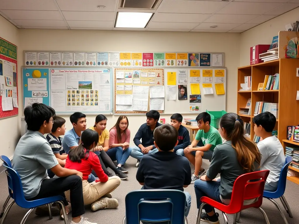 An image depicting a group of students actively participating in a cooperative learning activity, such as a group discussion or a hands-on project, in a vibrant classroom setting.