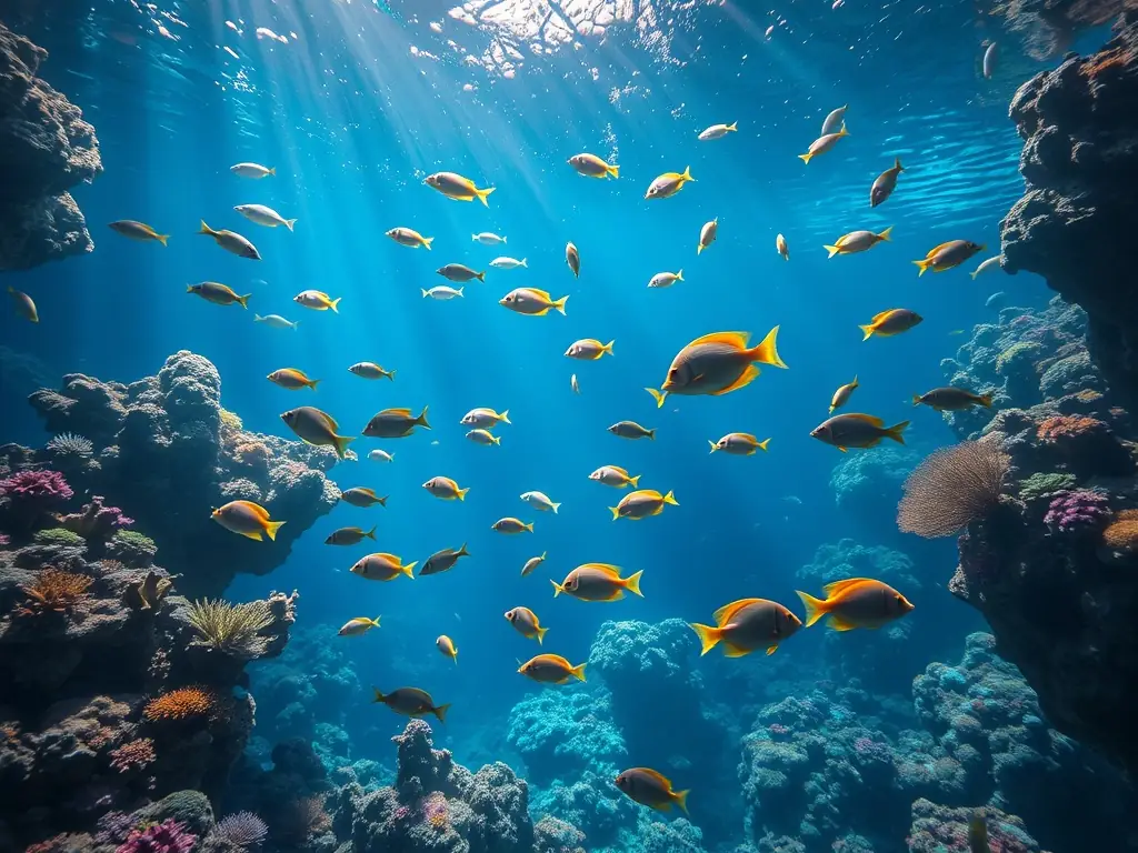 A vibrant coral reef teeming with diverse marine life, showcasing the beauty and complexity of underwater ecosystems and the importance of marine biodiversity.