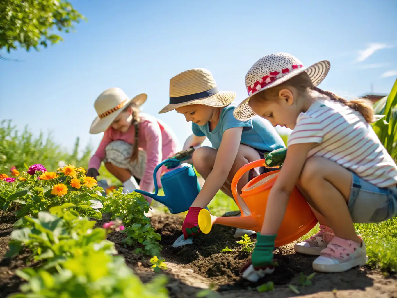 A group of students participating in a hands-on environmental education program, planting trees in a local community garden, showcasing the organization's commitment to fostering environmental stewardship among young people.