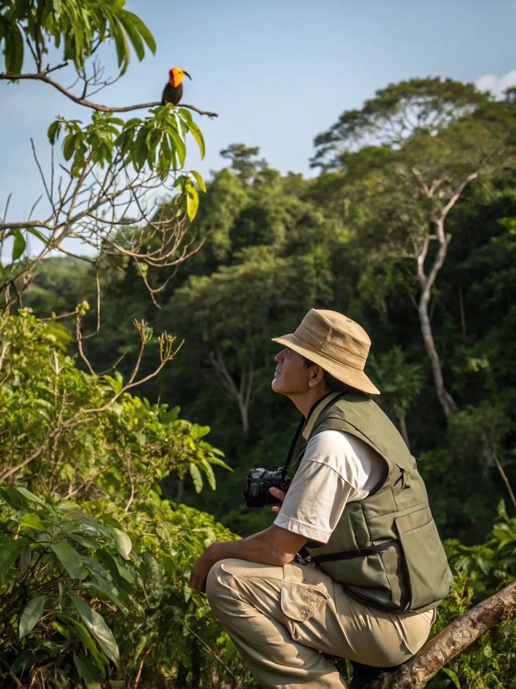 A researcher in a field, carefully examining a rare plant species in its natural habitat, showcasing ASSOCIATION CAP ORNIS's dedication to biodiversity research.