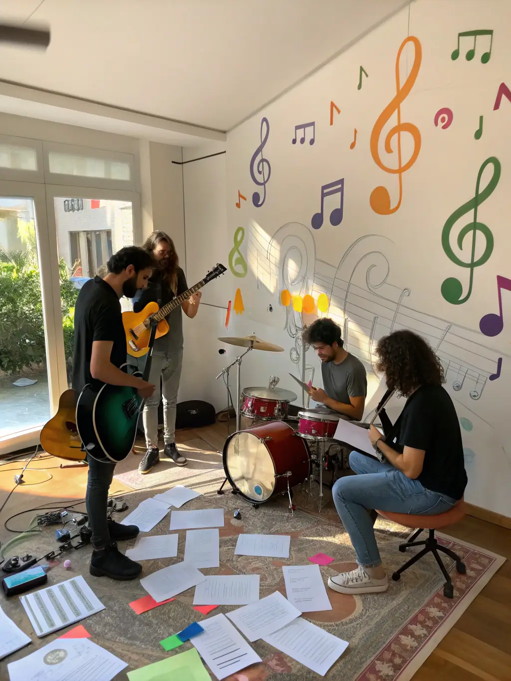 An image of musicians participating in a songwriting workshop at NANACRUZ, emphasizing the collaborative and educational aspects of the organization.