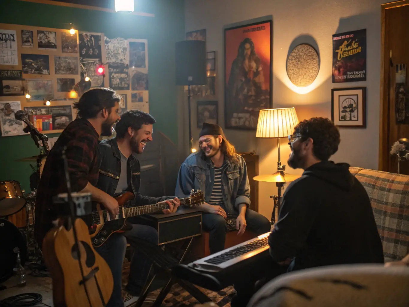 A collaborative workspace with musicians composing music together, surrounded by instruments and sheet music.