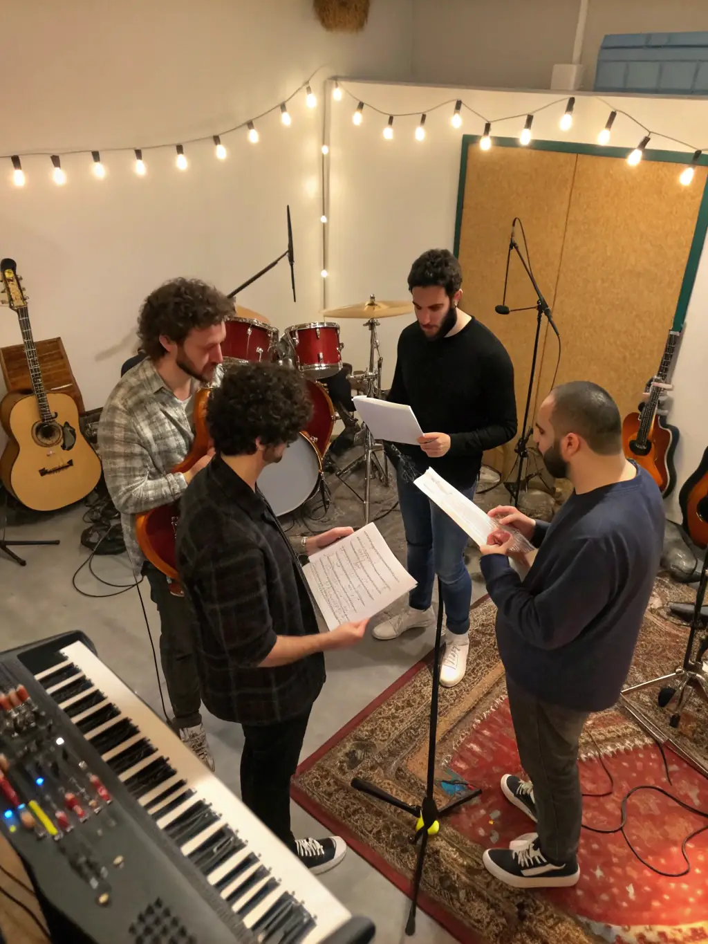 A photo of a diverse group of musicians engaged in a collaborative songwriting session at NANACRUZ.
