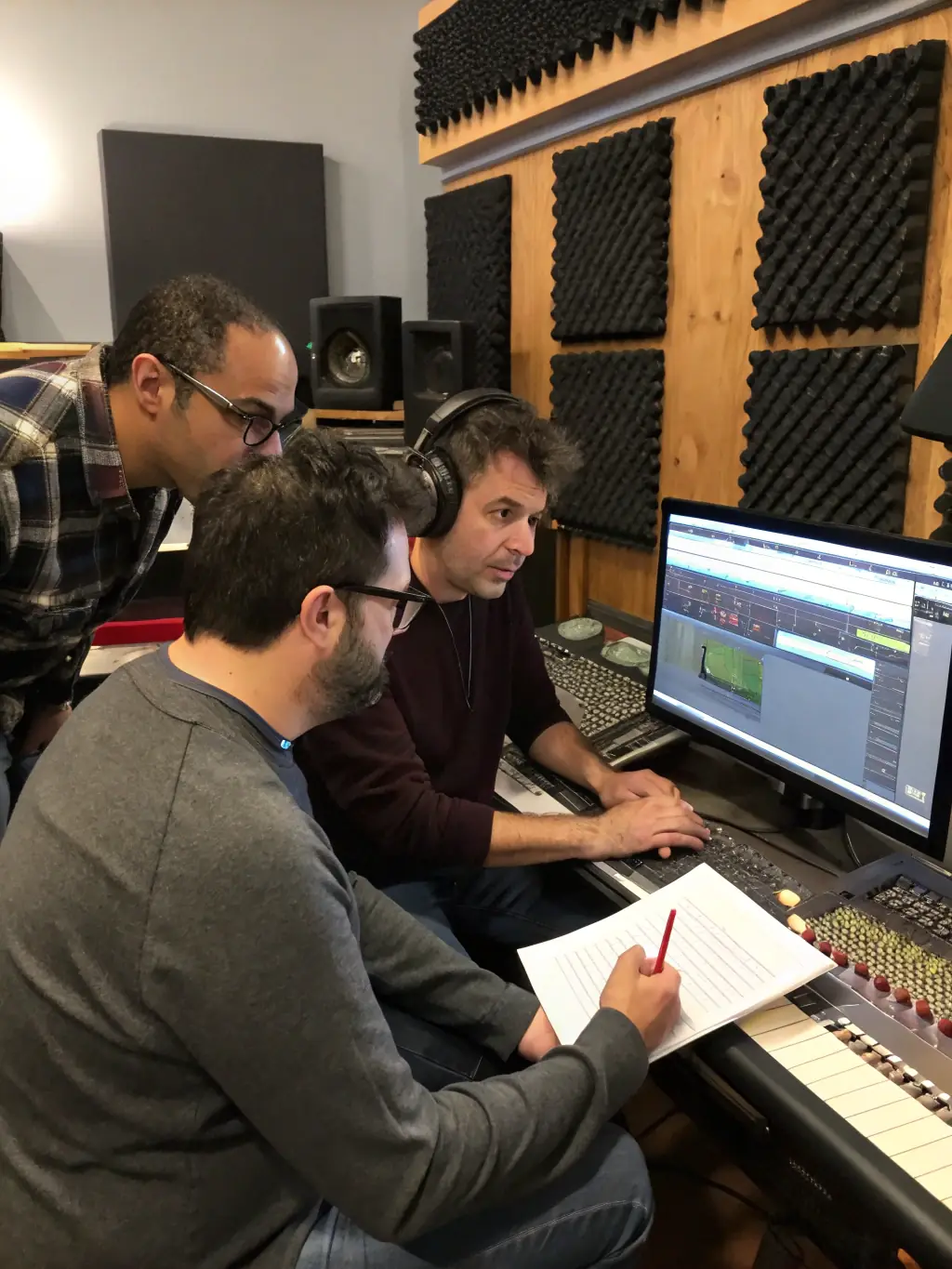 A vibrant image of musicians collaborating in a well-equipped recording studio, showcasing the shared resources available at NANACRUZ.