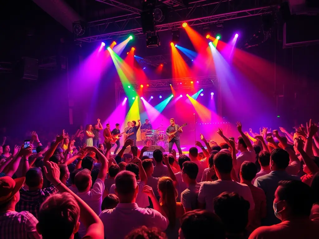 A dynamic image of a live music performance with stage lighting and enthusiastic audience members.